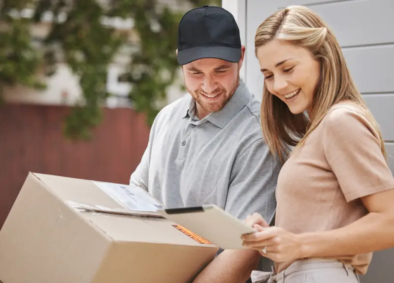 Zusteller und Kundin schauen gemeinsam auf den Lieferschein eines Pakets